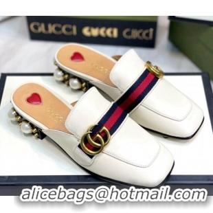 Most Popular Gucci Leather GG Mules with Pearl Heel 3cm White 2081025