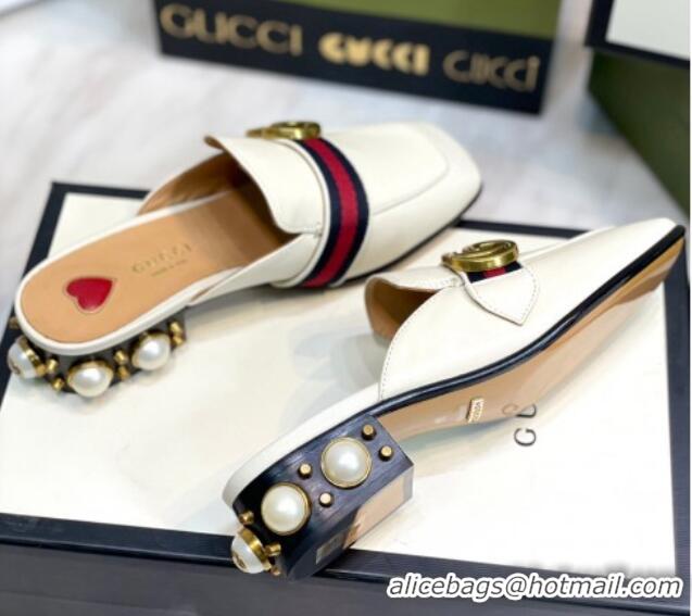 Most Popular Gucci Leather GG Mules with Pearl Heel 3cm White 2081025