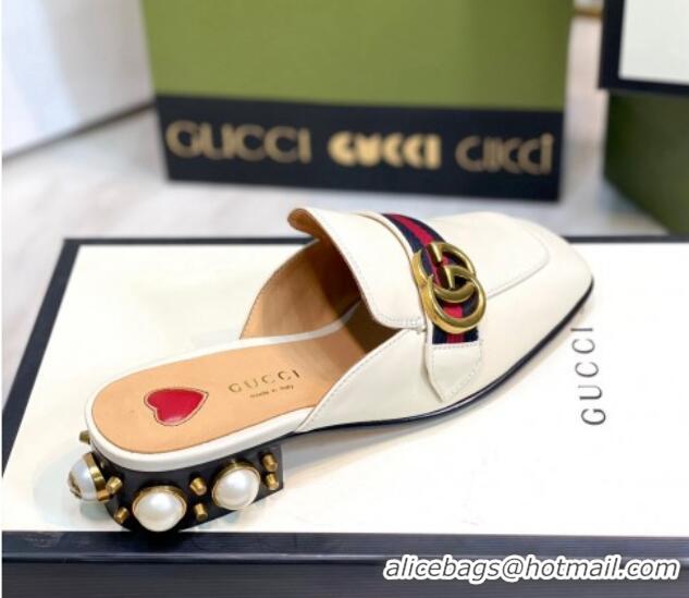 Most Popular Gucci Leather GG Mules with Pearl Heel 3cm White 2081025