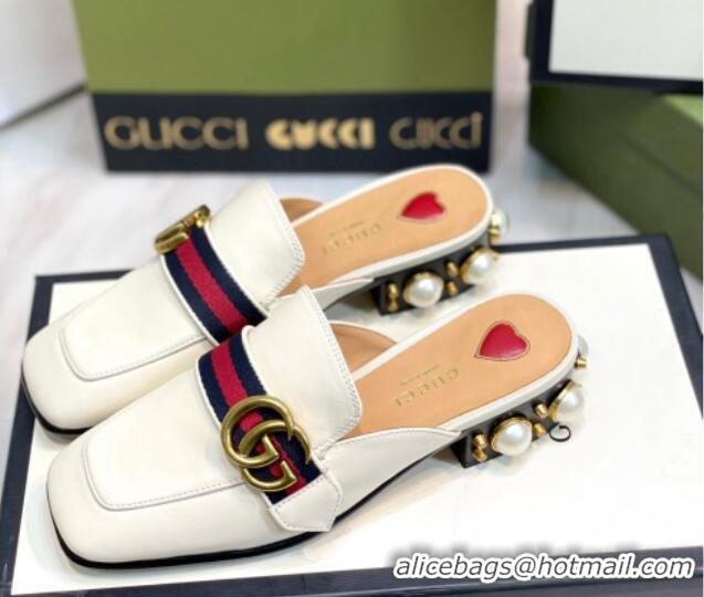 Most Popular Gucci Leather GG Mules with Pearl Heel 3cm White 2081025