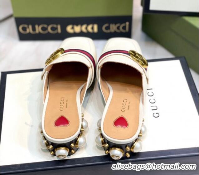 Most Popular Gucci Leather GG Mules with Pearl Heel 3cm White 2081025