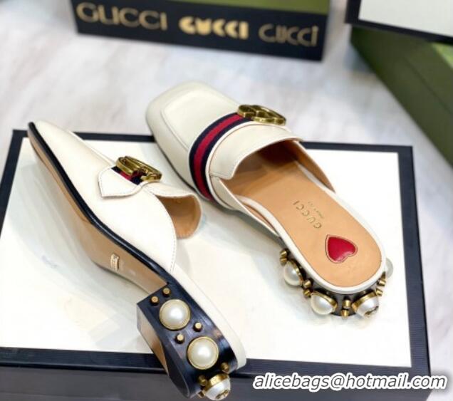 Most Popular Gucci Leather GG Mules with Pearl Heel 3cm White 2081025