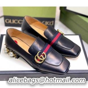 Good Quality Gucci Leather GG Loafers with Pearl Heel 3cm Black 081026