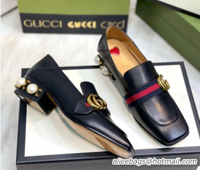 Good Quality Gucci Leather GG Loafers with Pearl Heel 3cm Black 081026