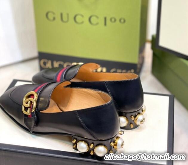 Good Quality Gucci Leather GG Loafers with Pearl Heel 3cm Black 081026