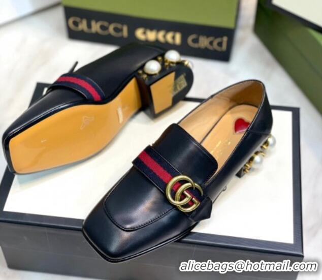 Good Quality Gucci Leather GG Loafers with Pearl Heel 3cm Black 081026