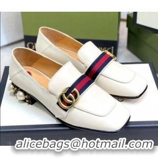 Best Grade Gucci Leather GG Loafers with Pearl Heel 3cm White 2081027