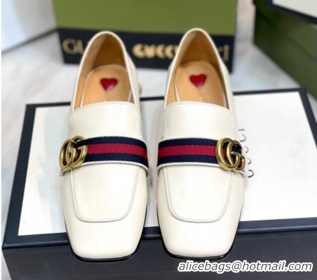 Best Grade Gucci Leather GG Loafers with Pearl Heel 3cm White 2081027