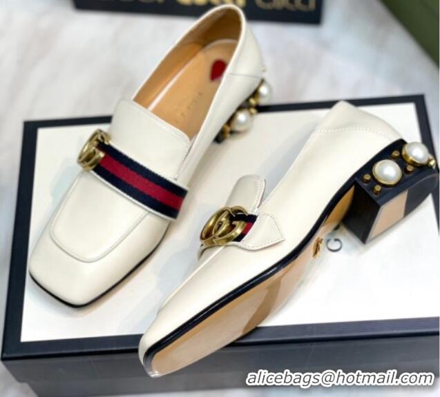 Best Grade Gucci Leather GG Loafers with Pearl Heel 3cm White 2081027