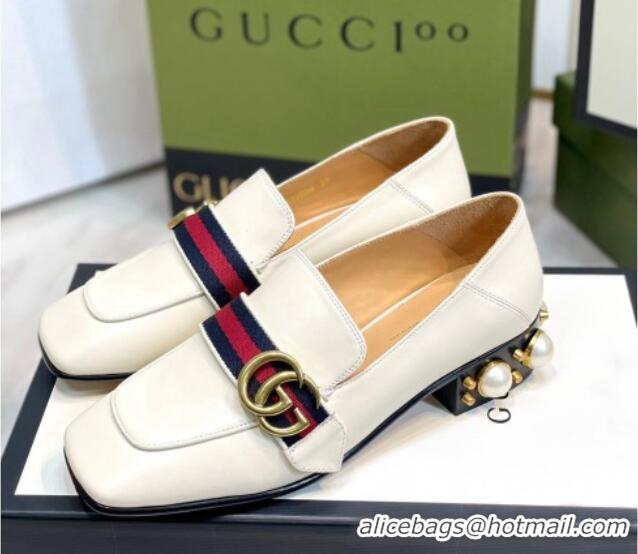 Best Grade Gucci Leather GG Loafers with Pearl Heel 3cm White 2081027