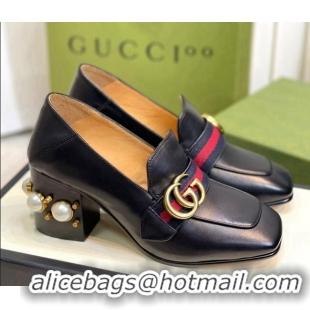 Durable Gucci Leather GG Pumps with Pearl Heel 6cm Black 081028