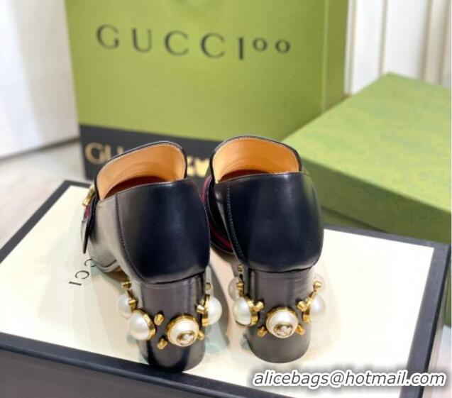 Durable Gucci Leather GG Pumps with Pearl Heel 6cm Black 081028