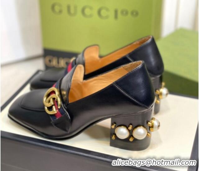 Durable Gucci Leather GG Pumps with Pearl Heel 6cm Black 081028