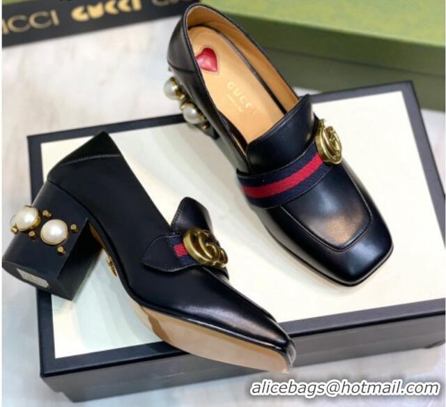 Durable Gucci Leather GG Pumps with Pearl Heel 6cm Black 081028