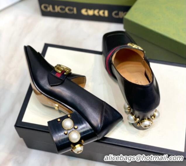 Durable Gucci Leather GG Pumps with Pearl Heel 6cm Black 081028