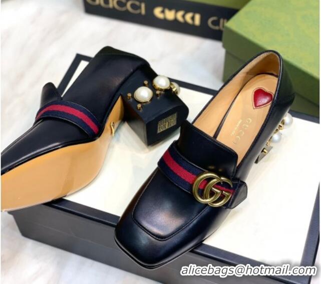 Durable Gucci Leather GG Pumps with Pearl Heel 6cm Black 081028