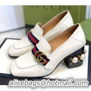 Discount Gucci Leather GG Pumps with Pearl Heel 6cm White 2081029