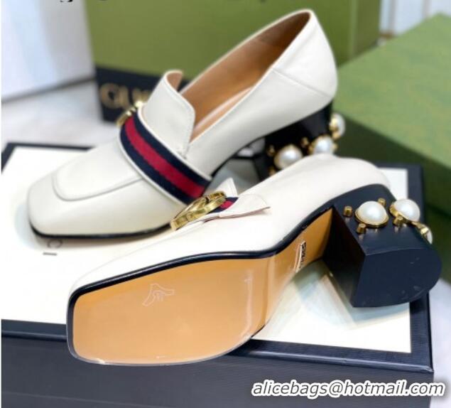 Discount Gucci Leather GG Pumps with Pearl Heel 6cm White 2081029