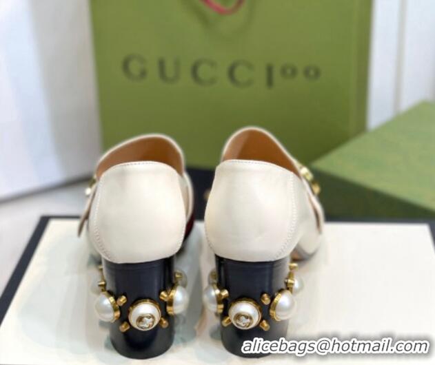 Discount Gucci Leather GG Pumps with Pearl Heel 6cm White 2081029