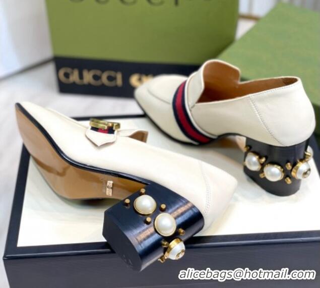 Discount Gucci Leather GG Pumps with Pearl Heel 6cm White 2081029