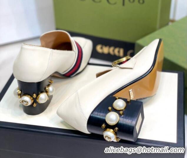 Discount Gucci Leather GG Pumps with Pearl Heel 6cm White 2081029