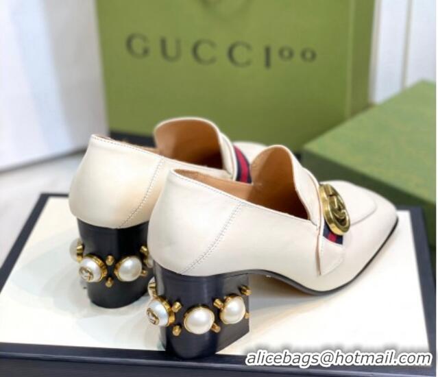 Discount Gucci Leather GG Pumps with Pearl Heel 6cm White 2081029