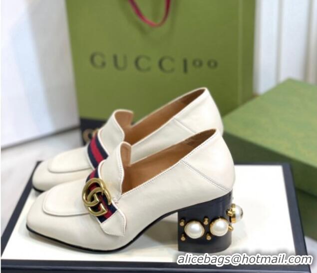 Discount Gucci Leather GG Pumps with Pearl Heel 6cm White 2081029