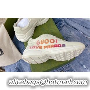 Top Grade Gucci Rhyton Leather Sneakers with Love Parade Print White 081030