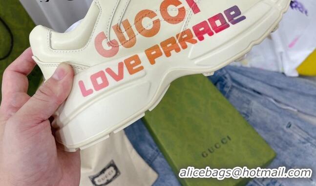 Top Grade Gucci Rhyton Leather Sneakers with Love Parade Print White 081030