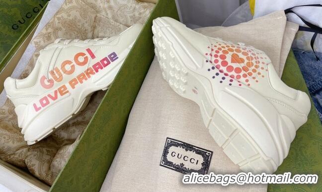 Top Grade Gucci Rhyton Leather Sneakers with Love Parade Print White 081030