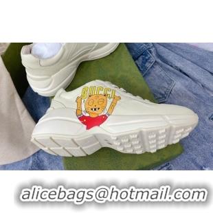 Low Cost Gucci Rhyton Leather Sneakers with Cat Print White 081031