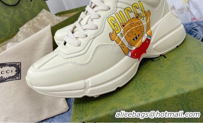 Low Cost Gucci Rhyton Leather Sneakers with Cat Print White 081031