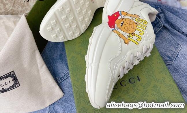 Low Cost Gucci Rhyton Leather Sneakers with Cat Print White 081031