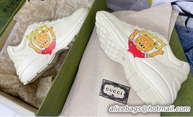 Low Cost Gucci Rhyton Leather Sneakers with Cat Print White 081031