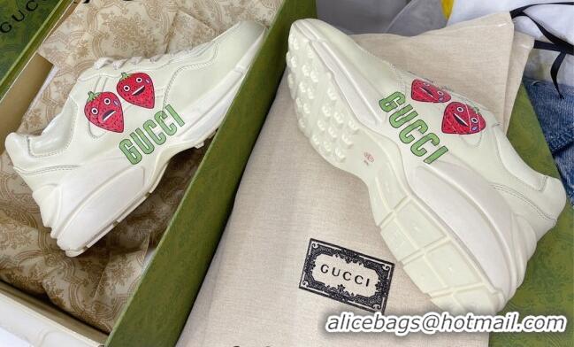 Good Quality Gucci Rhyton Leather Sneakers with Berry Print White 2081032