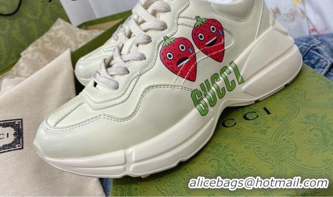 Good Quality Gucci Rhyton Leather Sneakers with Berry Print White 2081032