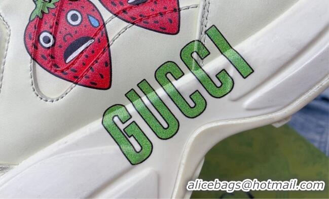 Good Quality Gucci Rhyton Leather Sneakers with Berry Print White 2081032