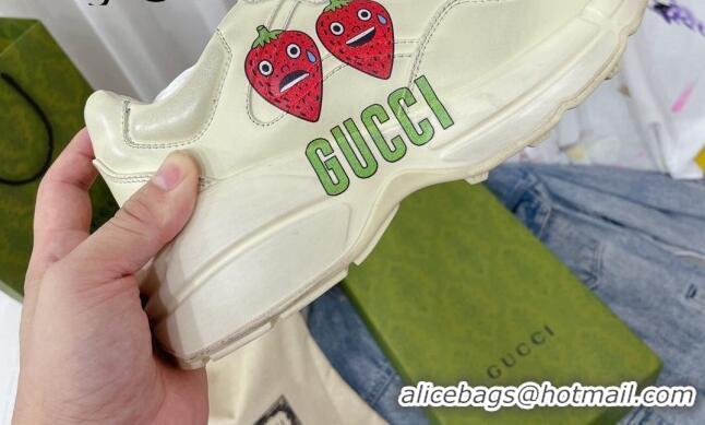 Good Quality Gucci Rhyton Leather Sneakers with Berry Print White 2081032