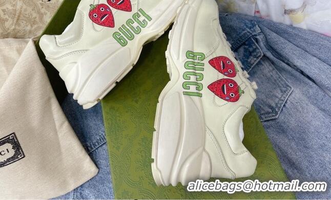 Good Quality Gucci Rhyton Leather Sneakers with Berry Print White 2081032