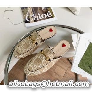 Classic Practical Gucci GG Raffia-Like Princetown Flat Mules Beige/White 081042