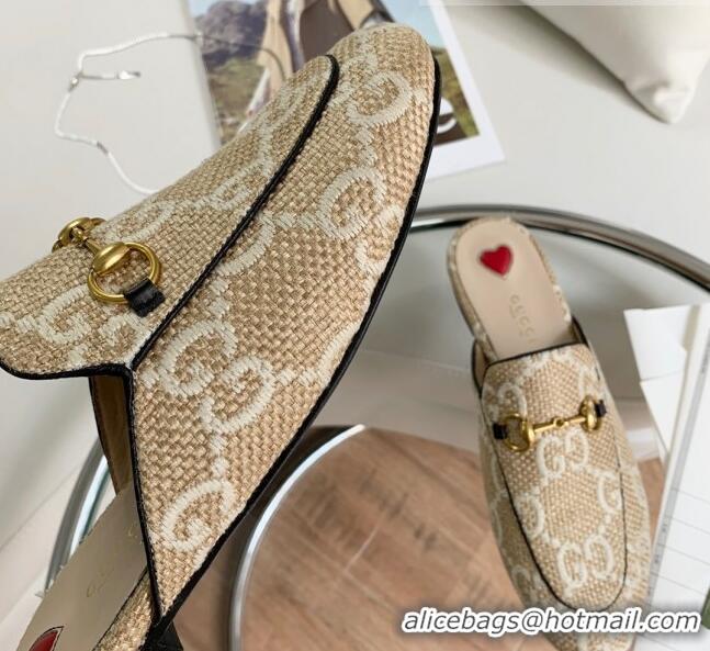 Classic Practical Gucci GG Raffia-Like Princetown Flat Mules Beige/White 081042