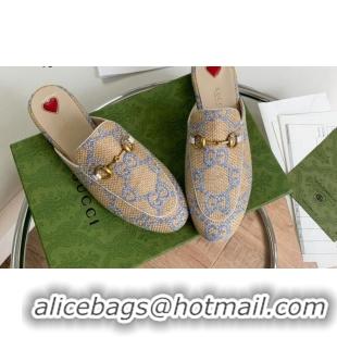 Duplicate Gucci GG Raffia-Like Princetown Flat Mules Beige/Blue 2081041