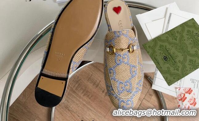 Duplicate Gucci GG Raffia-Like Princetown Flat Mules Beige/Blue 2081041