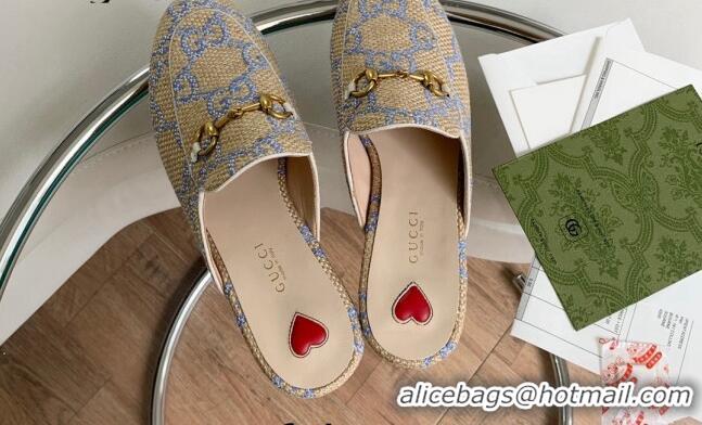 Duplicate Gucci GG Raffia-Like Princetown Flat Mules Beige/Blue 2081041