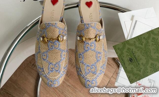 Duplicate Gucci GG Raffia-Like Princetown Flat Mules Beige/Blue 2081041