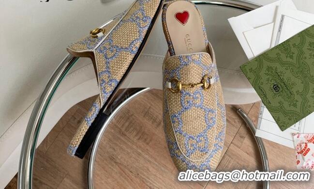 Duplicate Gucci GG Raffia-Like Princetown Flat Mules Beige/Blue 2081041