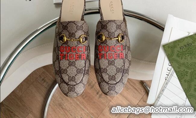 Top Quality Gucci Tiger Print GG Canvas Mules Beige/Red 2081044