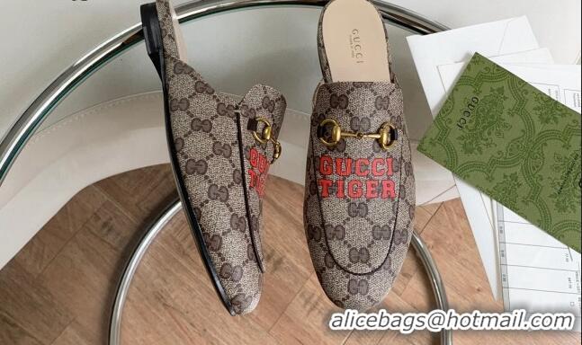 Top Quality Gucci Tiger Print GG Canvas Mules Beige/Red 2081044