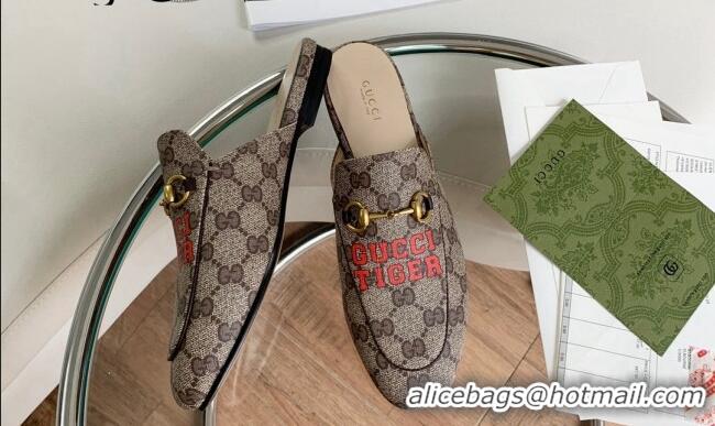 Top Quality Gucci Tiger Print GG Canvas Mules Beige/Red 2081044