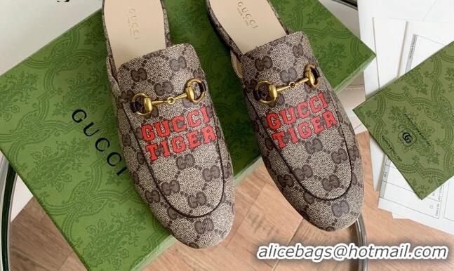 Top Quality Gucci Tiger Print GG Canvas Mules Beige/Red 2081044